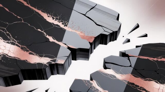 Shattered black and rose gold marble slab with radiating fragments