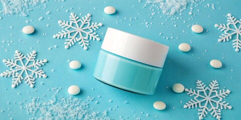 Winter Medicine Bottle with Snowflakes on Light Blue Background