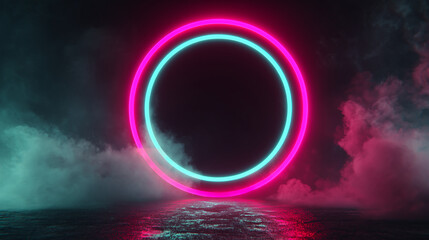 A futuristic scene with a glowing pink and green neon ring in a smoky, dark room, perfect for illustrating cyberpunk themes, music events, or modern tech