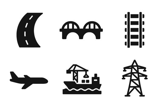 Transport and energy infrastructure solid icon set. Vector glyph collection with road, bridge, railway track, airplane, cargo ship port, and electricity pylon symbols.
