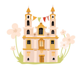 Cute castle with flowers. Color illustration in flat cartoon style.