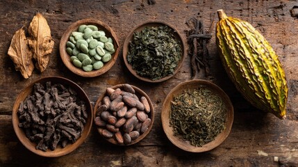 Assorted raw cacao, tea, and cocoa products on rustic wooden surface