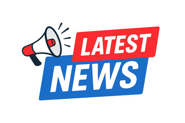Latest news banner with megaphone. Breaking news announcement template with loudspeaker. Media alert graphic for promotion, advertising. Journalism vector illustration emblem.
