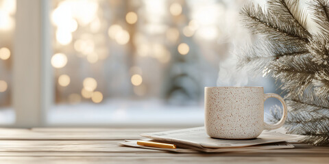 Warm Steaming Mug on Wooden Table With Winter Background