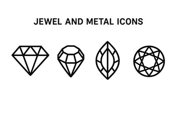Jewelry outline icons set. Precious gemstone symbols for luxury design. Diamond, brilliant, round, and marquise cut gems. Elegant fashion vector logo elements for branding.