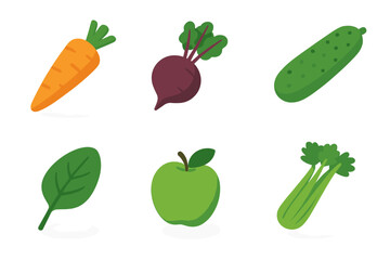 Juice ingredients icon set. Isometric flat vector illustration of carrot, beetroot, cucumber, spinach, apple, celery. Healthy food for detox, diet and smoothie.