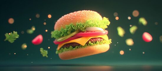 colorful 3d burger floating in mid-air surrounded by glowing herbs and flowers — perfect for food advertising, restaurant promotions, or playful digital menus