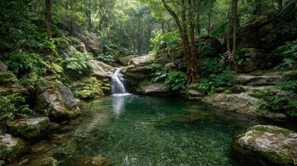 Tranquil mountain pool, lush waterfall