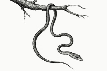 Obraz premium A snake gracefully hanging from a branch, creating a captivating black and white illustration, adding mystery and elegance to nature.
