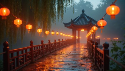 Obraz premium Serene wooden bridge adorned with orange lanterns at night