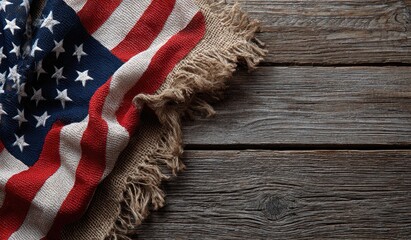 American flag draped on rustic wood