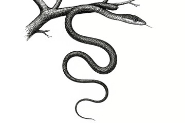 Obraz premium A detailed illustration of a snake coiling from a tree branch, capturing the essence of nature in a black and white artistic representation.