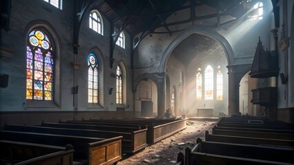 Obraz premium Hauntingly beautiful abandoned church interior bathed in ethereal sunlight revealing stained glass windows and decaying pews