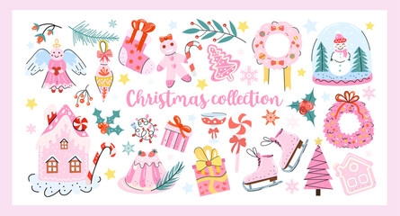 Cute pastel Christmas clipart collection with gingerbread house, gifts, candy, pink tree, skates, angel and snow globe. Vector hand drawn set for winter holidays and kids design.