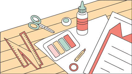 A flat lay illustration of crafting supplies including scissors rulers glue a pencil tape and paper arranged on a wooden surface for creative projects