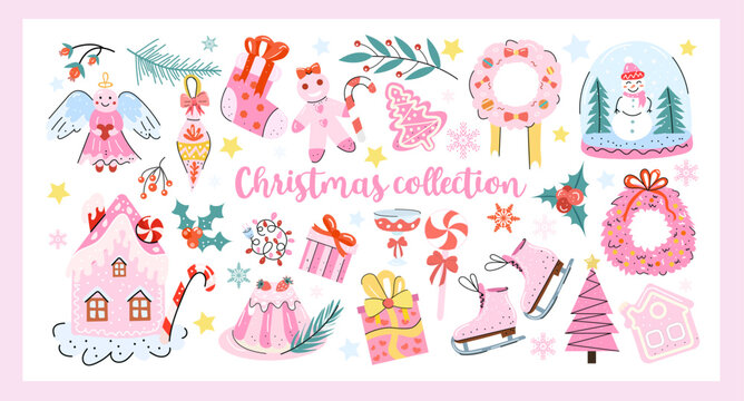 Cute pastel Christmas clipart collection with gingerbread house, gifts, candy, pink tree, skates, angel and snow globe. Vector hand drawn set for winter holidays and kids design.