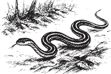 A black and white sketch of a snake slithering through the grass, blending nature with detailed artistic strokes and motion.