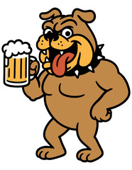 Upright bulldog in spiked collar holding frothy beer mug