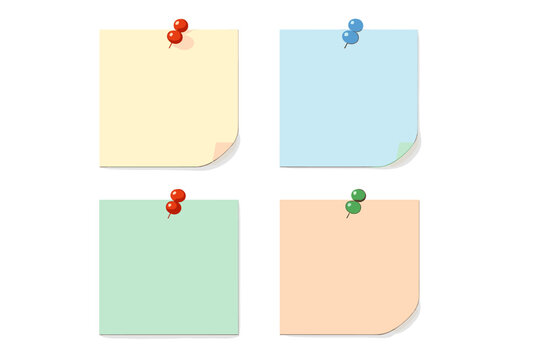 Set of colorful sticky notes with pushpins. Blank paper memo sheets for office reminders and messages. Vector illustration of note pads with curled corners for design.