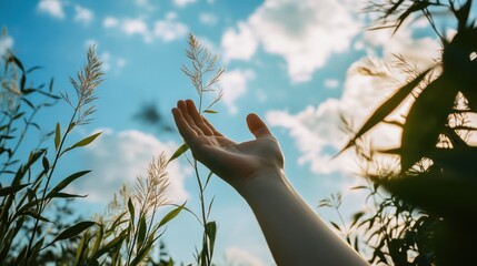 a man stretches his hand to the sky from the grass