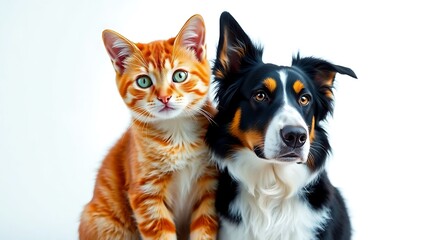 A ginger tabby cat and a black white and brown border collie dog posing together on white background
