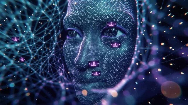 Abstract 3D artificial intelligence neural network core. Glowing data flow humanoid chatbot face data points micro hologram Futuristic digital brain cybernetic light intelligent complexity 4k