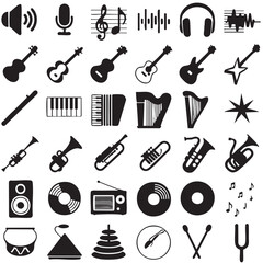 Black and white collection of musical instruments and audio icons sound
