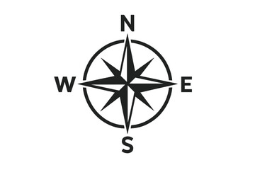 Vector compass rose. Simple flat symbol for marine navigation. North, South, East, West indicated. Travel, adventure, journey concept. Geographic orientation guide icon.