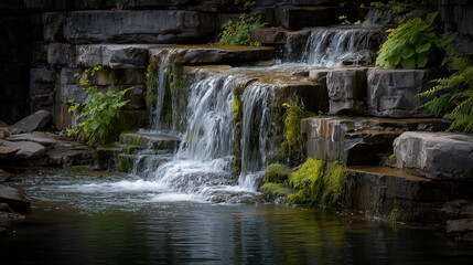 Obraz premium Scenic Stone Pathway Along a Cascading Stream in Serene Forest Garden 