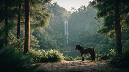 Majestic Horse Standing by a Scenic Waterfall in Lush Forest
