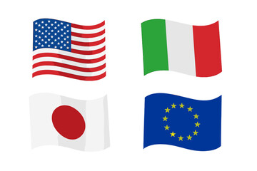 Set of 4 Vector Waving Flag Icons, Realistic Transparent Background, National Symbols for Banner Design, Presentation Elements, Web Graphics, International Country Flag Set