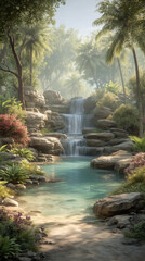Serene Tropical Paradise with Waterfall, Lush Foliage, and Calm Pool
