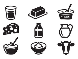 Black and white icons of milk and dairy products and cow cheese butter