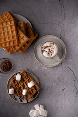 flat lay of a delicious breakfast setup featuring crisp golden waffles drizzled with chocolate, topped with marshmallows, alongside a frothy cappuccino on a cracked gray surface, cafe, pastry