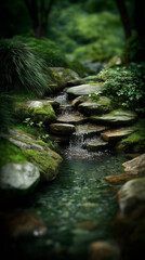 Tranquil Stream Flowing Through a Serene Forest Garden Setting
