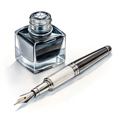 Elegant fountain pen and ink bottle on a white background