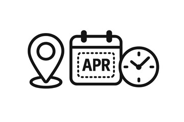 Location, date, and time icon set. Vector illustration for event planning, appointment scheduling, and reminders. Simple line icons of map pin, calendar, and clock.