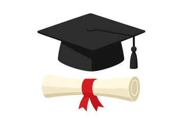 Black graduation cap with diploma. University academic hat and degree scroll. Concept of education, success, knowledge, achievement. Element for ceremony. Vector icon.