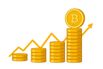 Bitcoin growth concept with stacking gold coins and an upward arrow graph. Cryptocurrency investment, BTC price rise, and financial success. Digital money blockchain revenue.