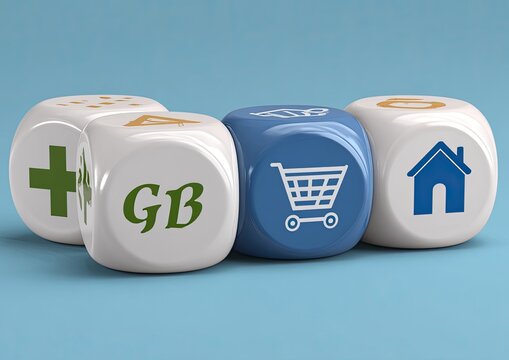 Four dice, each with a different icon, including a plus sign, a cart, a house, and GB, laid out in a row on a light-blue background