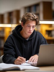 Young caucasian male teen studying in library with laptop and books.