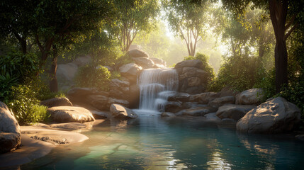 Serene Tropical Waterfall Surrounded by Lush Greenery and Blooming Flowers
