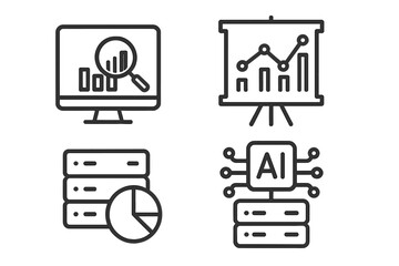 Data analytics line icon set. Business intelligence and big data analysis symbols. Icons for AI, statistics, database, monitoring, processing, and presentation. Web vector.