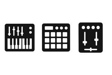 Electronic music equipment icon set. Solid glyph icons of a synthesizer keyboard, drum machine sampler, and DJ mixer. Vector for music production, beat making, sound design.