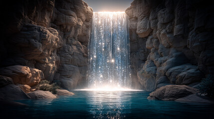 Scenic Waterfall Cascading Into Clear Pool Surrounded by Rocky Cliffs and Foliage
