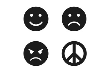 Fototapeta premium Emotional contrast icon set. Happy, sad, and angry face icons with a peace symbol. Solid vector graphic for concepts of mood, feelings, psychology, and mental health.