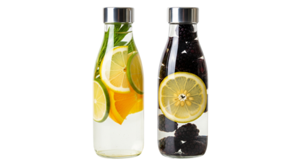 Two glass bottles filled with infused water lemon lime orange blackberry rosemary isolated on transparent background
