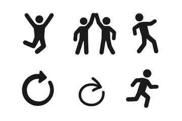 Energetic action icon set. Solid pictogram collection of people in motion. Jumping person, high five for teamwork success, running man, refresh & spin arrow symbols.