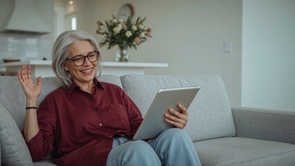 Elegant mature woman enjoying a video call on her tablet from the comfort of her sofa