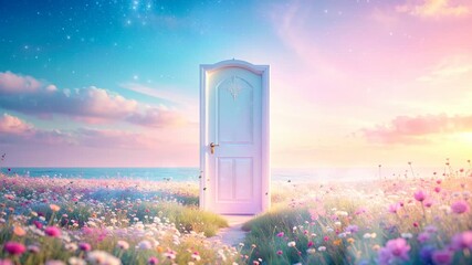 Seamless looping animation of a mystical door standing in a colorful flower field under a glowing sky, symbolizing opportunity, imagination, and magical journeys. - Powered by Adobe